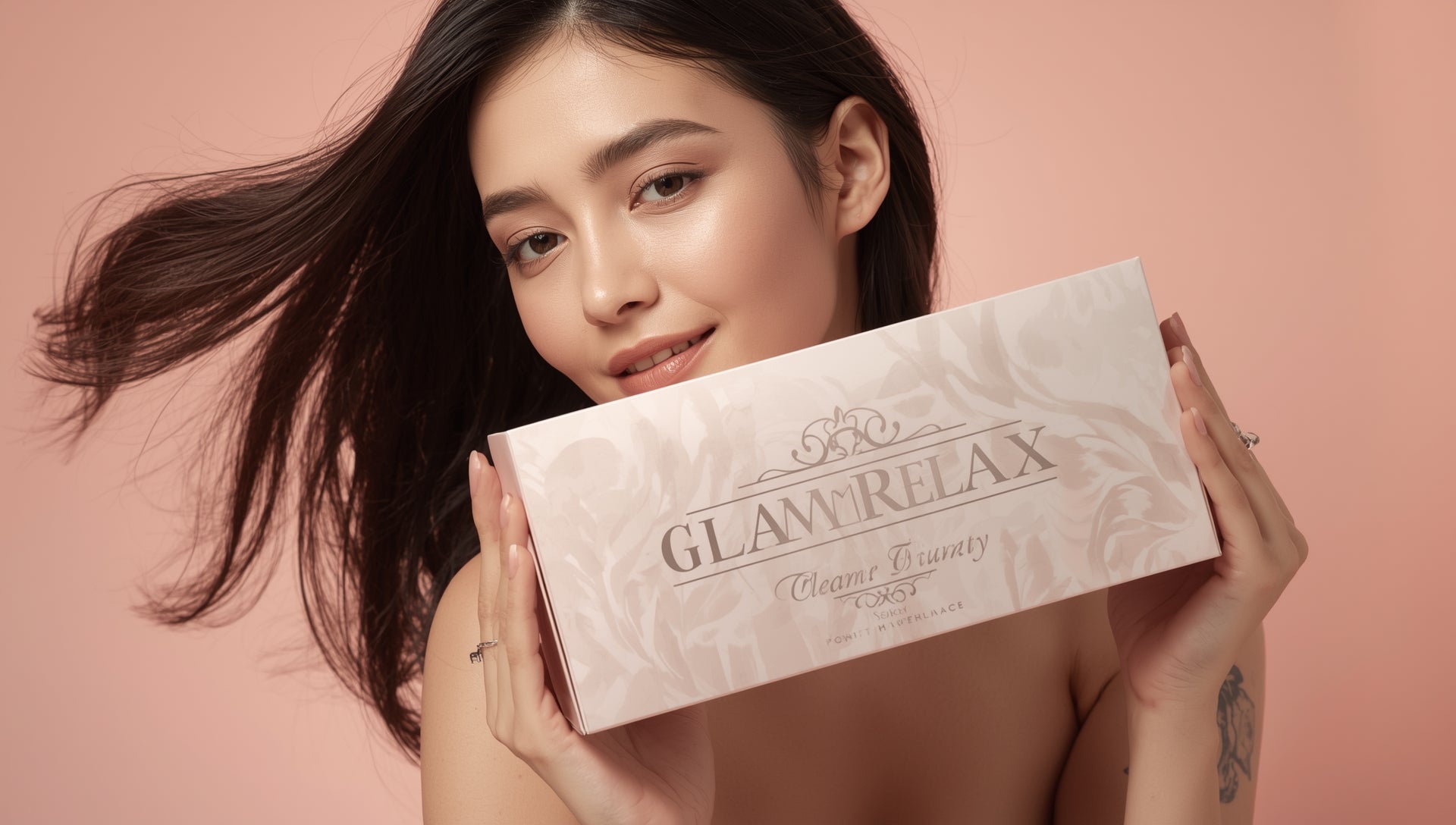 Woman holding a 'Glow Relax' product box against a pink background